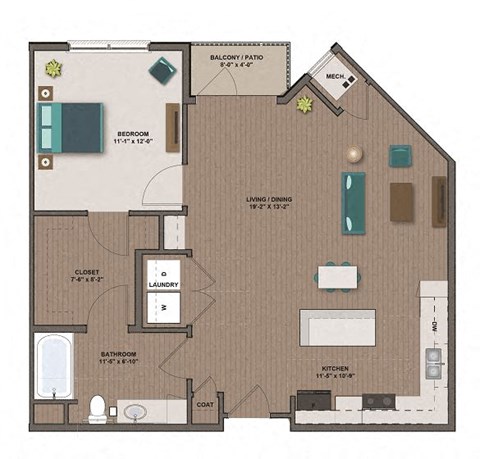 Floor plan for 1 bed, 1 bath, 845 sqft